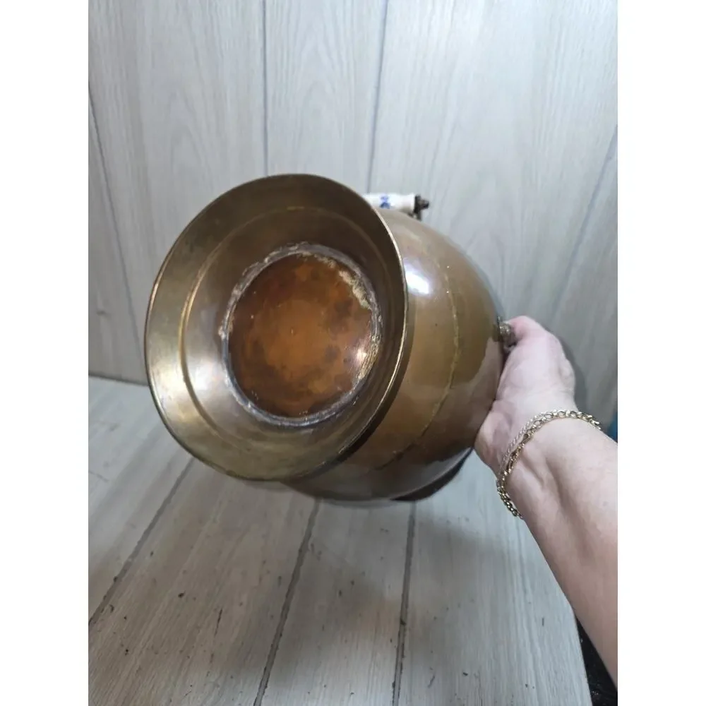 Vintage Hammered Copper Coal Scuttle Bucket With White And Blue Porcelain Handle